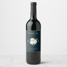 Delikates White Roses Navy Blue Wedding Wine Label