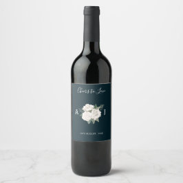 Delikates White Roses Navy Blue Wedding Wine Label Weinetikett