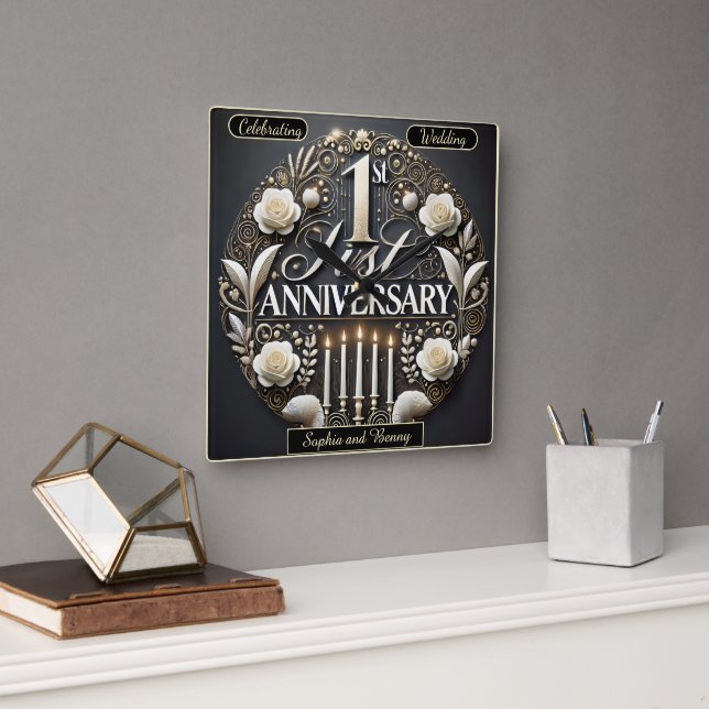 Delikatesse 1. Jahrestag Blumengesicht Quadratische Wanduhr (Büro)