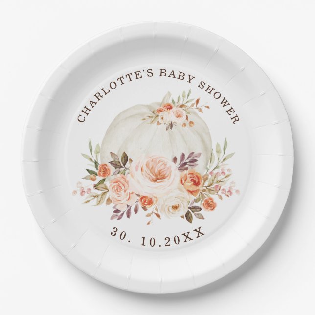 Delikatesse Herbst Floral Pumpkin Babydusche Pappteller (Vorderseite)