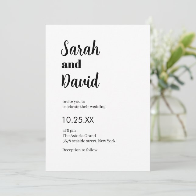 Delikatesse Moderne Schwarz-Weiß Hochzeit Einladung (Stehend Vorderseite)