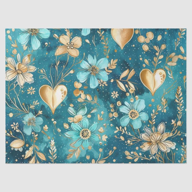 Delikatessen, Aquamarin & Gold, florale und herzer Seidenpapier (Vorderseite)