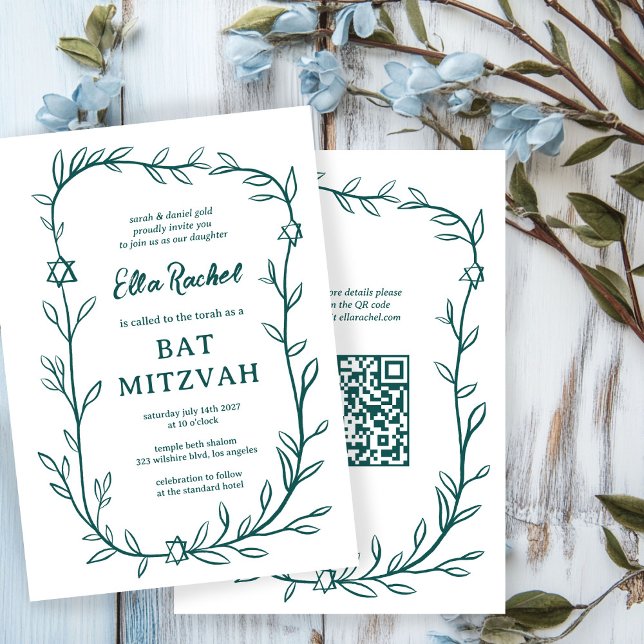Delikatessen Botanischer Bar Bat Mitzvah CUSTOM QR Einladung (Delicate Botanical Bar Bat Mitzvah CUSTOM QR Code Invitation
)