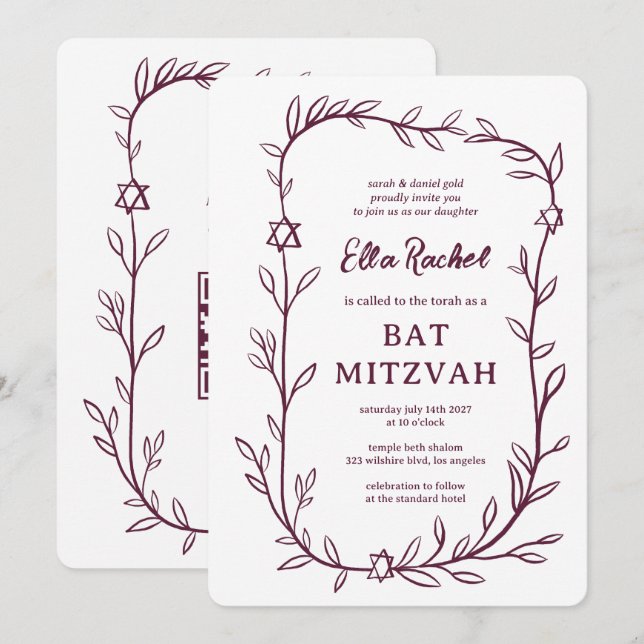 Delikatessen Botanischer Bar Bat Mitzvah CUSTOM QR Einladung (Vorne/Hinten)