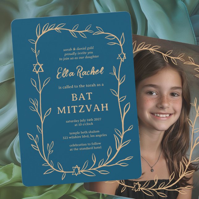 Delikatessen Botanisches CUSTOM FOTO Bar Bat Mitzv Einladung (Delicate Botanical CUSTOM PHOTO Bar Bat Mitzvah Girl Modern Invitation
)