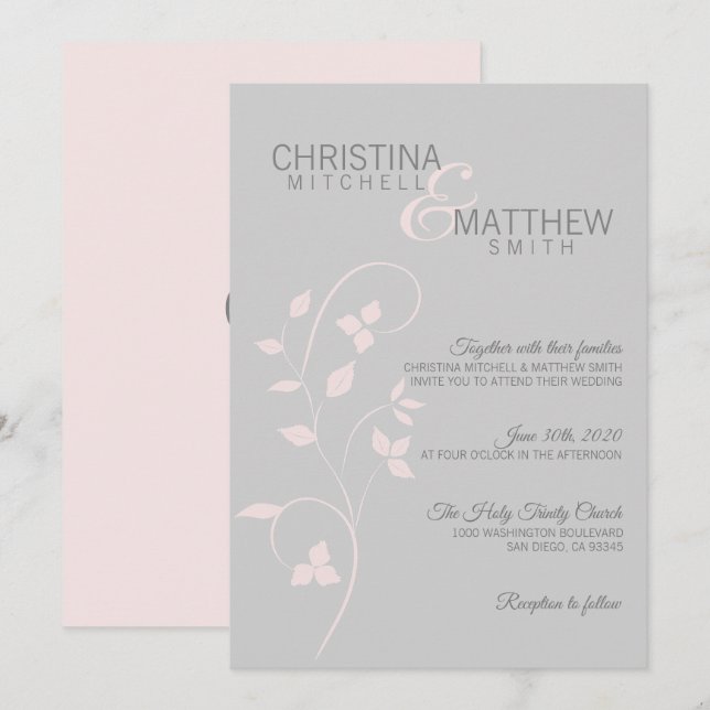 Delikatessen Rosa Rose & Grau Weintrauben Hochzeit Einladung (Vorne/Hinten)