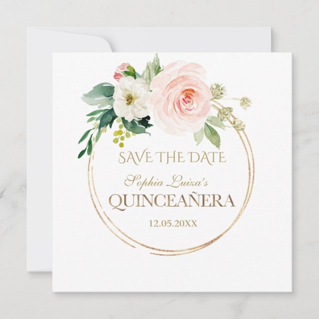 Delikatessen Weiße Blume Gold Quinceañera Save The Date (Vorderseite)