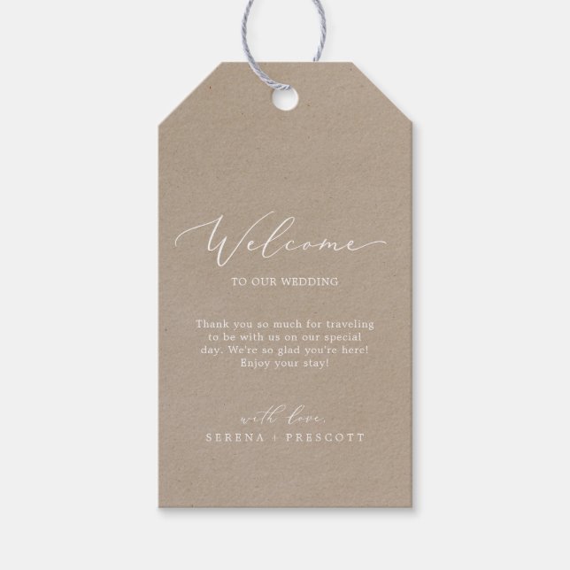 Delikatkalligraphie | Kraft Wedding Welcome Geschenkanhänger (Vorderseite)