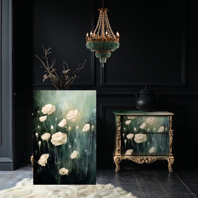 Delikatsplumes Carnants Blumenfeld Seidenpapier (Carnations, Delicate Plumes, Floral Field, Emerald Green & Beige, Decoupage Tissue Paper. )