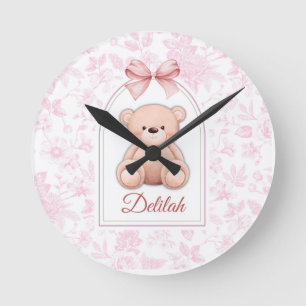 Delilah   Benutzerdefiniertes rosa Teddy-Bär-Kinde Runde Wanduhr