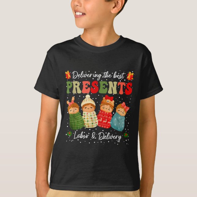 Delivering The Baby Labor Delivery Nurse Christmas T-Shirt (Vorderseite)