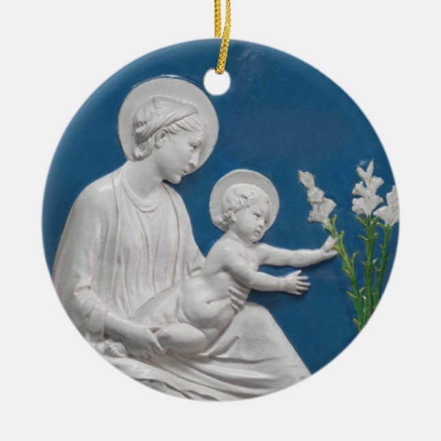 Della Robbia Madonna & Child w/ Lilies Blue White Keramik Ornament (Vorne)