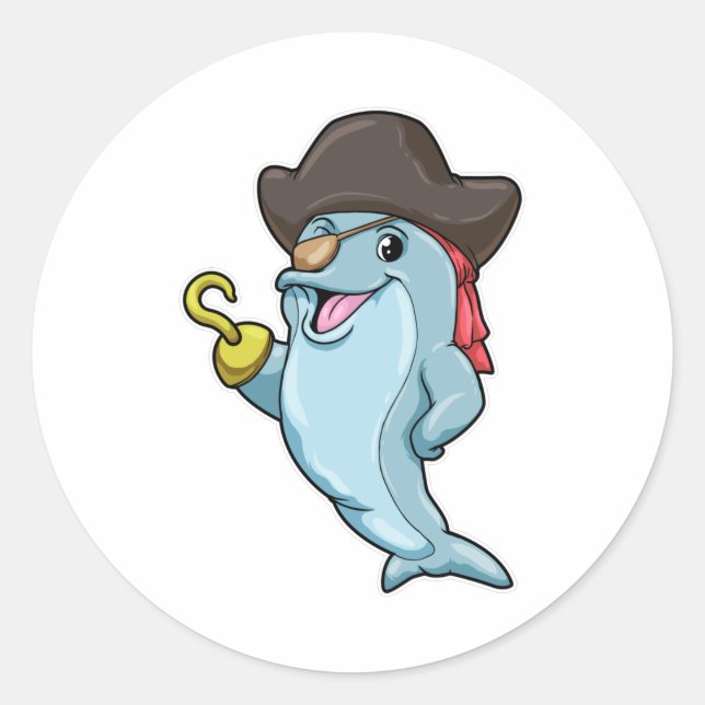 Delphin als Pirate mit Augenpflaster und Hakenhand Runder Aufkleber (Vorderseite)
