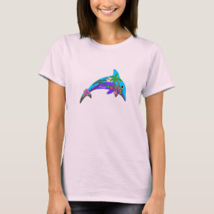 Delphin-Kontur-hawaiische Sonnenuntergang-Palmen T-Shirt