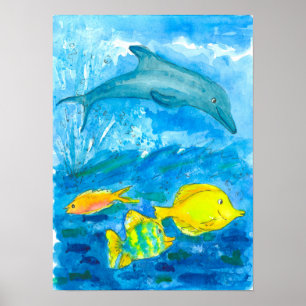 Delphin-tropische Fisch-Aquarell-Malerei Poster