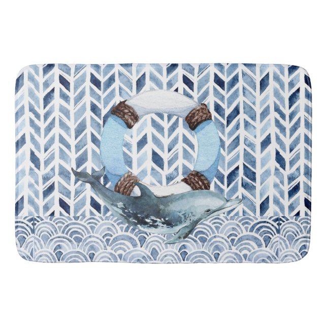 Delphin und Lifebuoon auf maritimer Ebene Badematte (Vorderseite)