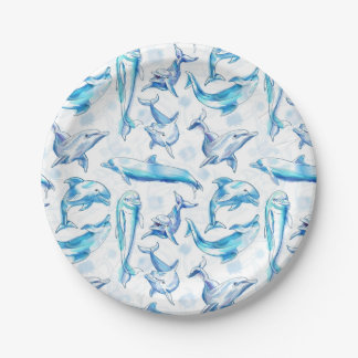 Delphin, wasserfarbig, nahtloses Muster, Delphin Pappteller