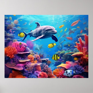 Delphine auf einem Korallenriff, Meeresleben Poster