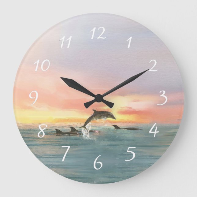 Delphine Beach Sunset Ocean Seascape Große Wanduhr (Vorderseite)
