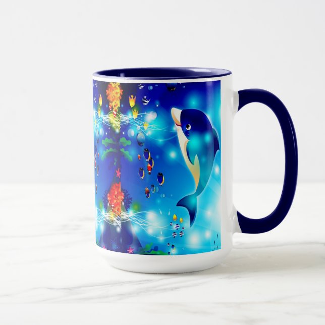 Delphine & Colorful Sea-Life Digitale Illustration Tasse (Rechts)