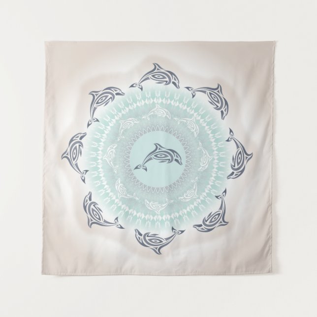 Delphine Mandala Blue Taupe Coastal Wandteppich (Vorderseite)