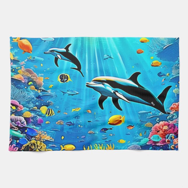 Delphine & Reef: Unterwasserfreude Geschirrtuch (Horizontal)