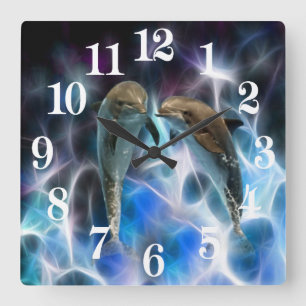 Delphine und Fraktalkristalle Quadratische Wanduhr