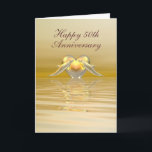 Delphine und Herz zum goldenen Jubiläum Karte<br><div class="desc">Gelbe und goldfarbene 50. Jubiläumskarte mit zwei Delphinen und einem goldenen Herz. Anpassbarer Text,  der "Happy 50th Anniversary" auf dem Cover mit einem Vers im Inneren sagt.</div>