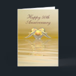 Delphine und Herz zum goldenen Jubiläum Karte<br><div class="desc">Gelbe und goldfarbene 50. Jubiläumskarte mit zwei Delphinen und einem goldenen Herz. Anpassbarer Text,  der "Happy 50th Anniversary" auf dem Cover mit einem Vers im Inneren sagt.</div>