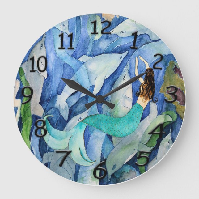 Delphine und Meerjungfrau Große Wanduhr (Vorderseite)