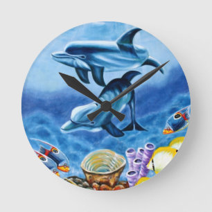 Delphine und tropische Fisch-Kunst Runde Wanduhr