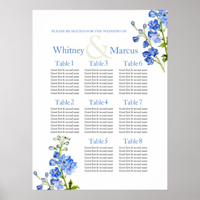 Delphinium blue Wedding Table Planner Poster (Vorne)