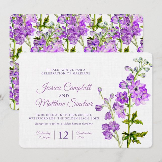 Delphinium Blume lila Aquarellkunst Hochzeit Einladung (Vorne/Hinten)