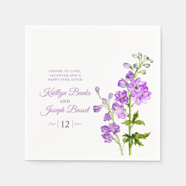 Delphinium Blume lila Aquarellkunst Hochzeit Serviette (Vorderseite)