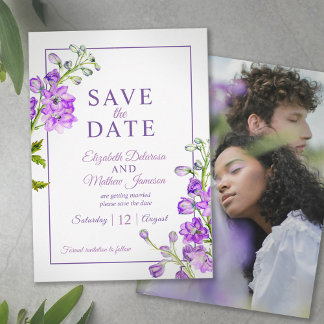 Delphinium floral save the date purple photo