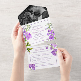 Delphinium violette Blumen Aquarellhochzeit All In One Einladung