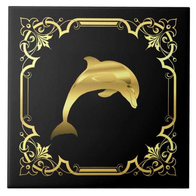 Delphinspringen Silhouette/Gold/Schwarz Fliese (Vorderseite)