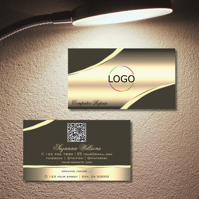 Deluxe Gold Brown Decklines Logo QR Code Visitenkarte (Von Creator hochgeladen)