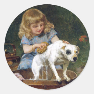 Dem Hund ein Bad geben - Hundemalerei von de Schyv Runder Aufkleber