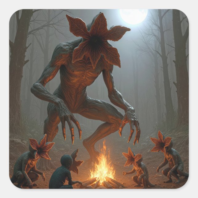 Demogorgon Creatures Around a Campfire Quadratischer Aufkleber (Vorderseite)