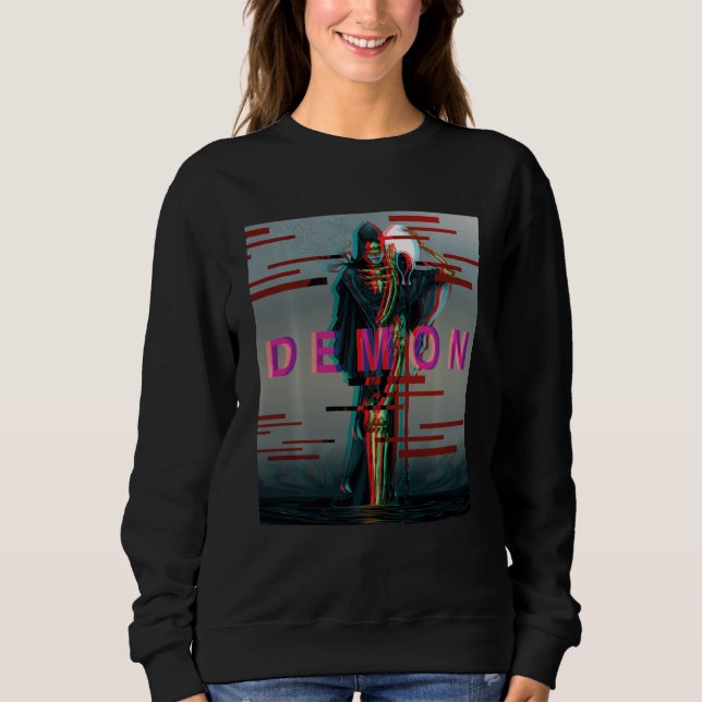 Demon Oni Mask Glitch Ästhetische Stil Japan Vapor Sweatshirt (Vorderseite)