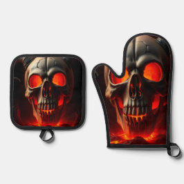 Demonisches Totenkopf-Tor-Halloween-Ofenhandschuh- Ofenhandschuh & Topflappen-Set