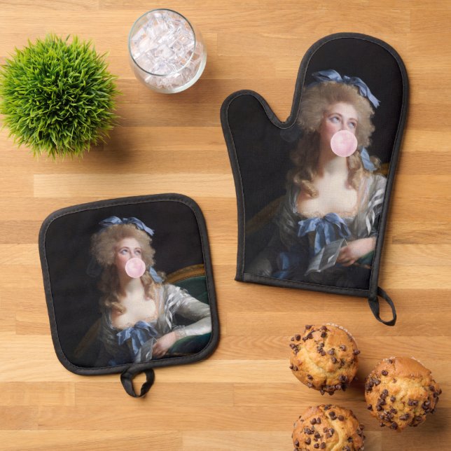 Demure with Pink Bubble Gum Ofenhandschuh & Topflappen-Set (Oben Unten)