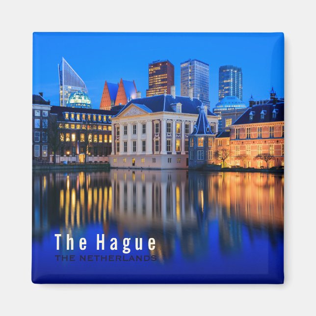 Den Haager Skyline-Magneten mit blauer Stunde Text Magnet (Vorne)