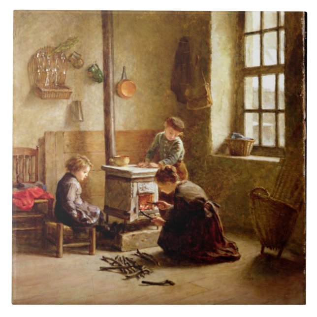 Den Ofen beleuchten, 1886 (Öl auf Platte) Fliese (Vorderseite)
