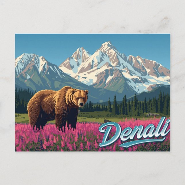 Denali Grizzly Bear Wildflower Art Postkarte (Vorderseite)