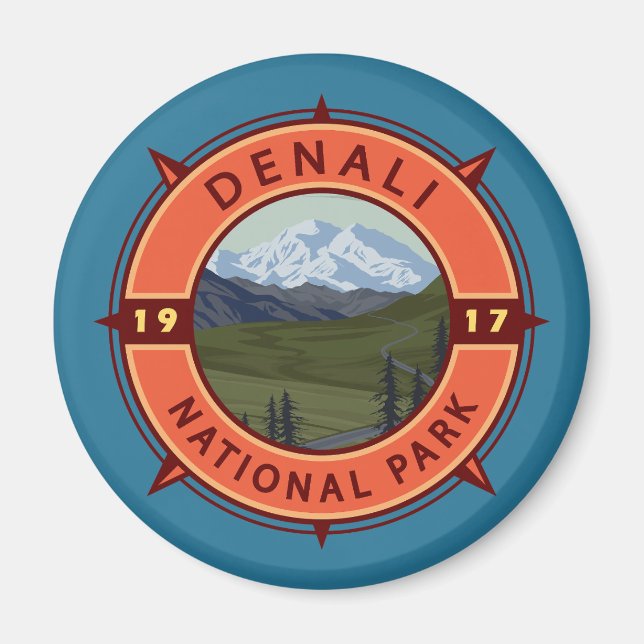Denali Nationalpark Retro Kompass Emblem Magnet (Vorne)