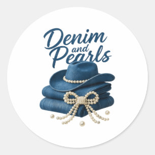 Denim and Pearls Outfit Women Western Cowgirl Rode Runder Aufkleber