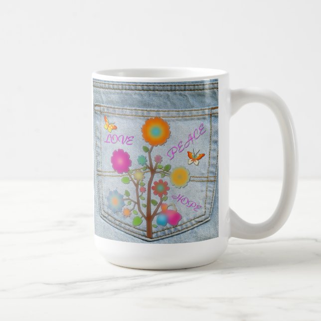 Denim Back Fleurs de poche Paix Amour Espoir Mug (Droite)