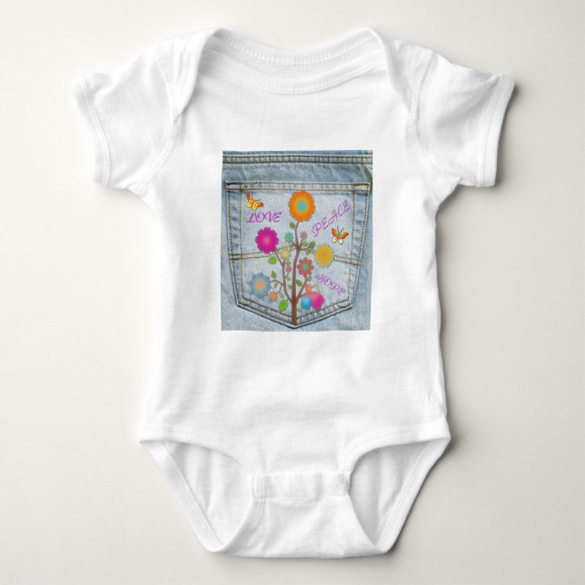 Denim Back Pocket Blume Liebe Hoffnung Baby Strampler (Vorderseite)